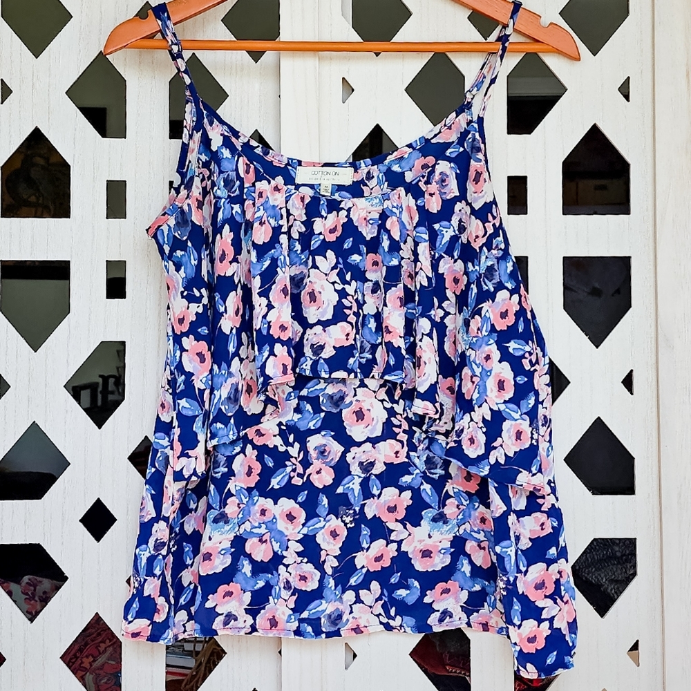 👕 Cotton On Adjustable Strap Blue and Pink Flutter Bust Top Blouse